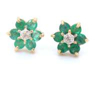 Gorgeous Yellow Gold Emerald and Diamond Flower Earrings