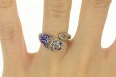 Sterling Silver Blue Enamel 3D Tiger Lion Ornate Wrap Ring