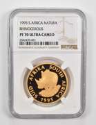 PF70 UCAM 1995 South Africa 1 Oz .999 Fine Gold Natura Rhinoceros NGC
