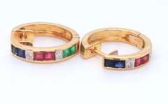 Favorite Yellow Gold Princess Cut Ruby, Sapphire, Emerald and Diamond Huggie Earrings