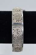 Vintage 925 Silver Panel Link Bracelet With Chinese Symbols, Box Clasp, Safety Chain, and Two Little Charms