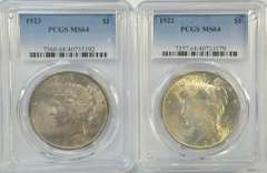 Near Gem BU 1922 & 1923 Peace Silver Dollars. PCGS MS64