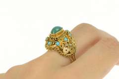 18K Yellow Gold Elaborate Turquoise Oval Domed Filigree Ring