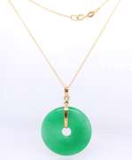 Charming Yellow Gold Green Jade Disk Pendant on Chain Necklace