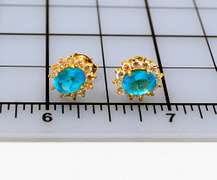 Vintage 14K Yellow Gold Stud Earrings With Oval Blue Topaz Stone and Diamond Accents