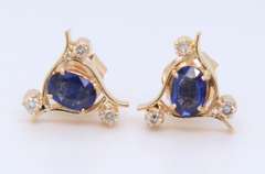 Gorgeous Yellow Gold Oval Tanzanite and Diamond Triangle Earrings