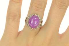 14K White Gold Oval Syn. Star Ruby Cabochon Ornate Cocktail Ring