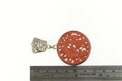 Sterling Silver Carved Cinnabar Phoenix Filigree Medallion Pendant