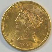 Fully struck Choice BU 1901 $5 Liberty Gold Piece. Nice