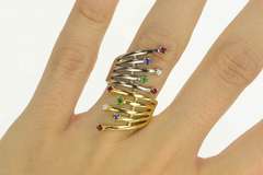 18K Yellow Gold Diamond Emerald Ruby Sapphire Fanned Bypass Ring