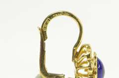 18K Yellow Gold Domed Blue Red Enamel Scalloped Trim Dangle Earrings