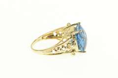 14K Yellow Gold Cushion Faceted Blue Topaz Cocktail Statement Ring