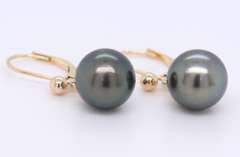 Gorgeous Yellow Gold Tahitian Black Pearl Dangle Earrings