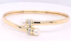 Wonderful Yellow Gold Pearl and Diamond Flex Bangle Bracelet
