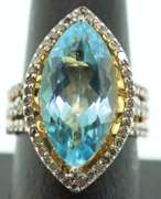Gorgeous Aquatic Topaz Ring with Brilliant Gold Plated Silver and Diamond Accents