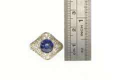 18K White Gold Art Deco Filigree Syn. Sapphire Diamond Ring