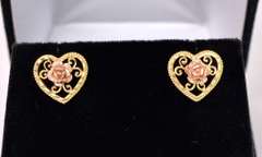 Fancy Rose Heart Earrings in 14k Two-Tone Gold