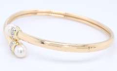 Wonderful Yellow Gold Pearl and Diamond Flex Bangle Bracelet