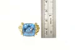 14K Yellow Gold Cushion Faceted Blue Topaz Cocktail Statement Ring