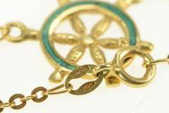18K Yellow Gold Green Enamel Ship Wheel Nautical Chain Necklace