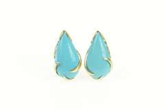 14K Yellow Gold Ornate Pear Turquoise Cabochon Clip Back Earrings