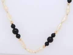Fresh Water Pearl and Black Onyx and Gold Bead Necklace