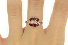 14K Yellow Gold 1.83 Ctw Diamond Baguette Ruby Halo Vintage Ring