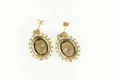 14K Yellow Gold Smoky Quartz Scalloped Filigree Halo Dangle Earrings