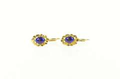 18K Yellow Gold Domed Blue Red Enamel Scalloped Trim Dangle Earrings