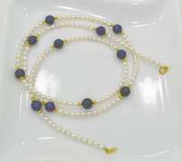 Lapis Lazuli Ball and Freshwater Cultured Pearls Necklace With 18k Yellow Gold Accents