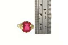10K Yellow Gold Art Deco Filigree Syn. Ruby Statement Ring