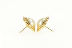 14K Yellow Gold Round Pearl Retro Grooved Statement Stud Earrings