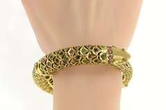 9K Yellow Gold Ruby Emerald Encrusted Fish Pisces Bangle Bracelet