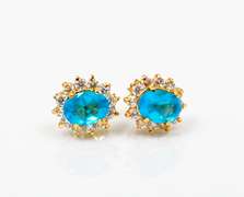 Vintage 14K Yellow Gold Stud Earrings With Oval Blue Topaz Stone and Diamond Accents