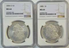 Super nice near Gem BU 1884-O & 1885 Morgan Dollars. NGC MS64