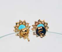 Vintage 14K Yellow Gold Stud Earrings With Oval Blue Topaz Stone and Diamond Accents