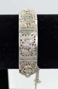 Vintage 925 Silver Panel Link Bracelet With Chinese Symbols, Box Clasp, Safety Chain, and Two Little Charms