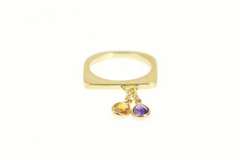 14K Yellow Gold Squared Pear Amethyst Dangle Charm Statement Ring
