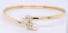 Wonderful Yellow Gold Pearl and Diamond Flex Bangle Bracelet