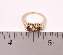 Petite Red Stone and Pearl Ring in Yellow Gold