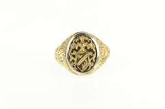 18K Yellow Gold Elaborate Scrollwork Family Crest Emblem Ring