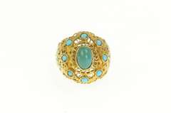 18K Yellow Gold Elaborate Turquoise Oval Domed Filigree Ring