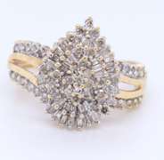 Gorgeous Yellow Gold Round and Baguette Diamond Pear Shaped Cluster Ring