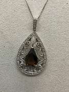 BRAND NEW 14K white gold  smokey quartz and diamond pendant and chain.