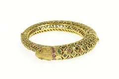9K Yellow Gold Ruby Emerald Encrusted Fish Pisces Bangle Bracelet