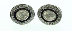 Oval Dark Silver Mine Cut Diamond Earrings with Diamond Accents