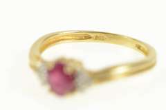 14K Yellow Gold Oval Natural Ruby Diamond Three Stone Ring