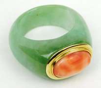 14K Jade & Coral Ring, Size 9