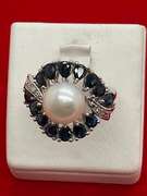 14k white gold diamond pearl and sapphire ring