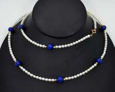 Lapis Lazuli Ball and Freshwater Cultured Pearls Necklace With 18k Yellow Gold Accents
